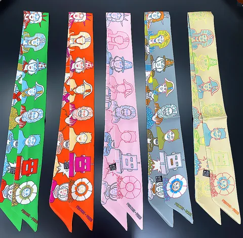 French Vintage Character Portrait Print Satin Twilly Scarf For Women Narrow Handle Bag Ribbon Hair Band Necktie Accessory