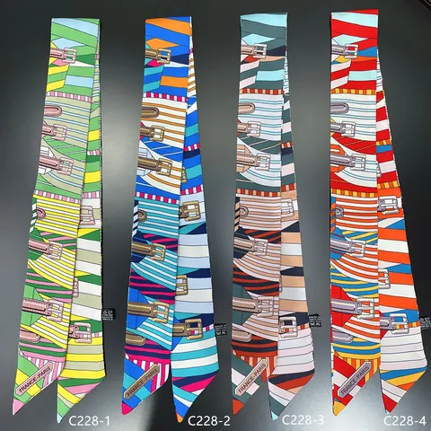 Women Geometric Belt Buckle Pattern Satin Ribbon Scarf For Bag Handle Neck Hair Band Decorative Elegant Silk Like Twilly