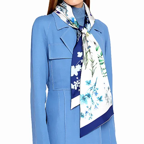 Women's Elegant Floral Print Satin Twilly Scarf Long Double Layer Smooth Neck Scarf For Bag Handle Head Wrap Accessory