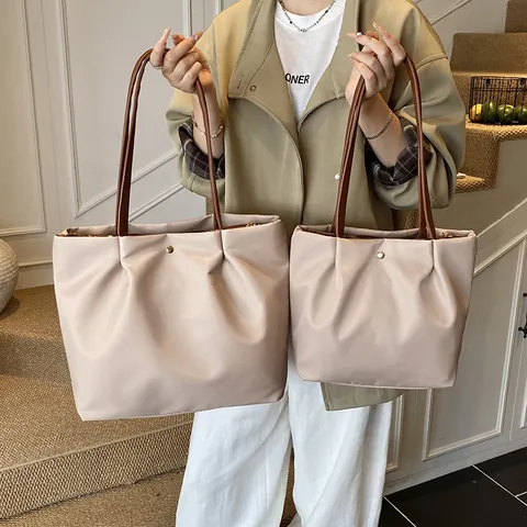 Large Capacity Waterproof Nylon Tote Bag For Women Lightweight Pleated Shoulder Bag With PU Leather Handle Daily Travel Work