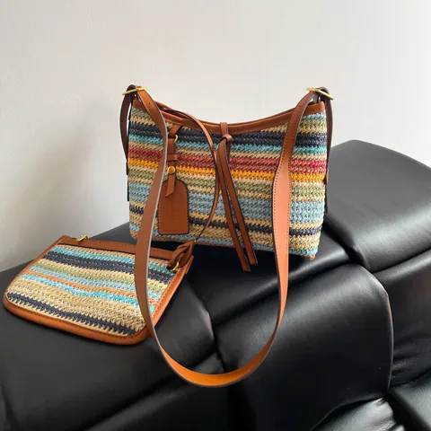 Women Casual Rainbow Striped Straw Woven Shoulder Bag Set With Small Pouch Handcrafted Bohemian Vacation Beach Tote Crossbody Bag