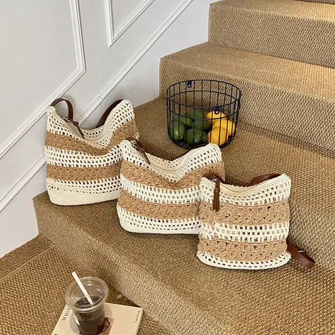 Women's Large Capacity Handmade Woven Shoulder Bag Summer Beach Vacation Hollow Out Crochet Nylon Tote With Synthetic Leather Strap