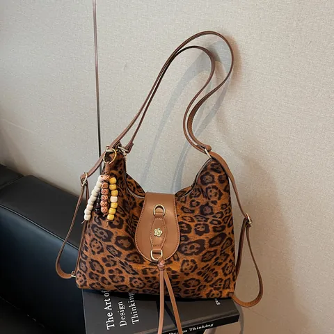 Retro Large Capacity PU Matte Tote Bag For Women Leopard Print Beaded Tassel Shoulder Bag Bohemian Hobo Commuter Bag