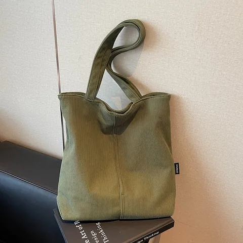 Borsa Tote in Velluto a Coste Casual da Donna Grande Capacità Vintage a Strisce Verticali Borsa a Spalla Spesa