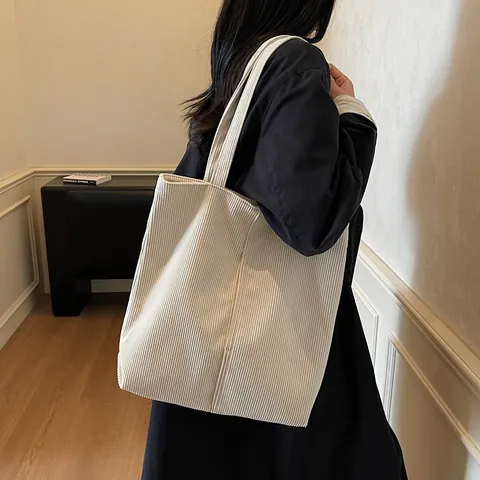 Borsa Tote in Velluto a Coste Casual da Donna Grande Capacità Vintage a Strisce Verticali Borsa a Spalla Spesa