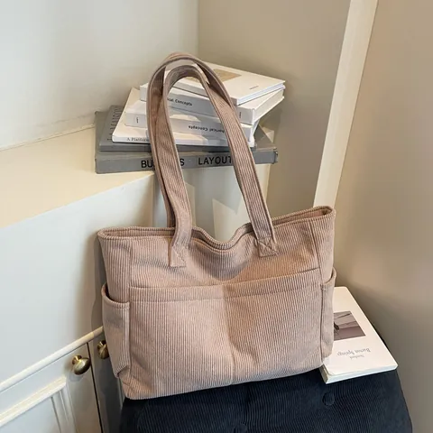 Women's Large Capacity Corduroy Tote Bag Multi Pocket Vintage Casual Shoulder Bag For Daily Commute Travel Handbag