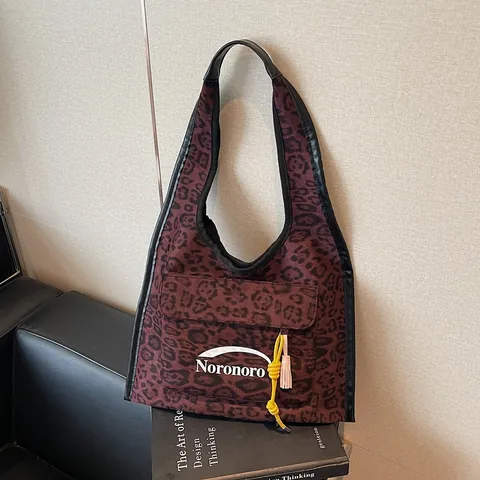 Damen Leopardenmuster Leinwand Tragetasche Große Kapazität Schultertasche Mit Vorne Klappentasche Quaste Noronoro Handtasche Lässig Reise Tasche