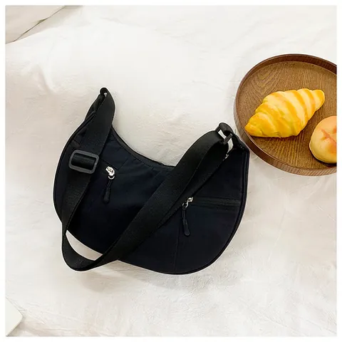 Women Fashion Nylon Crescent Bag Simple Solid Color Large Capacity Casual Half Moon Shoulder Bag With Double Zipper Pockets