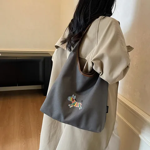 Women Casual Canvas Tote Bag With Colorful Zebra Embroidery Large Capacity Commute Single Shoulder Hobo Bag Handbag Underarm Bag