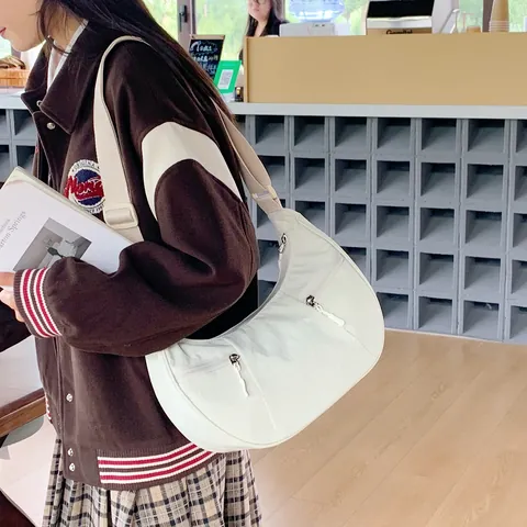 Women Fashion Nylon Crescent Bag Simple Solid Color Large Capacity Casual Half Moon Shoulder Bag With Double Zipper Pockets