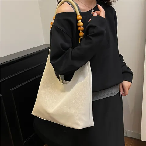 Borsa Tote in Pelle PU Retrò Con Tracolla in Perle di Legno Grande Capacità Moda Borsa a Spalla Hobo Per Donna Borsa Casual da Pendolare