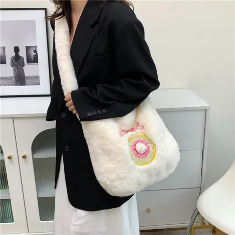 Women's Cute Plush Tote Bag Large Capacity Donut Embroidery Lamb Wool Shoulder Bag With Duck Pendant Casual Crossbody Bag