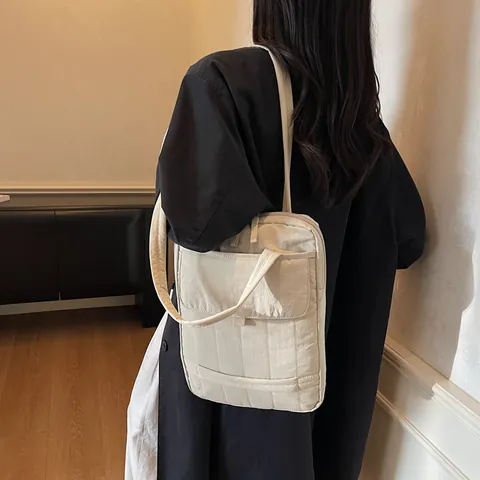 Women's Large Capacity Quilted Tote Bag Simple Commuter Laptop Shoulder Bag With Front Flap Pocket Casual Underarm Handbag