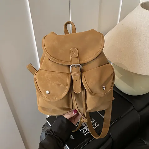 Mochila de Cuero PU Mate Vintage para Mujer Gran Capacidad con Solapa y Cordón Bolsillos Delanteros Mochila Casual Escolar