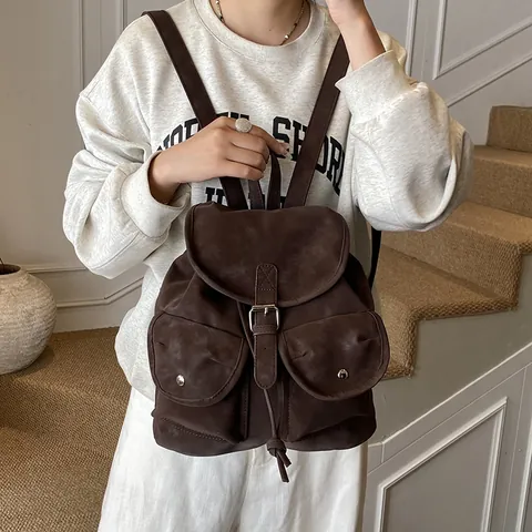 Mochila de Cuero PU Mate Vintage para Mujer Gran Capacidad con Solapa y Cordón Bolsillos Delanteros Mochila Casual Escolar