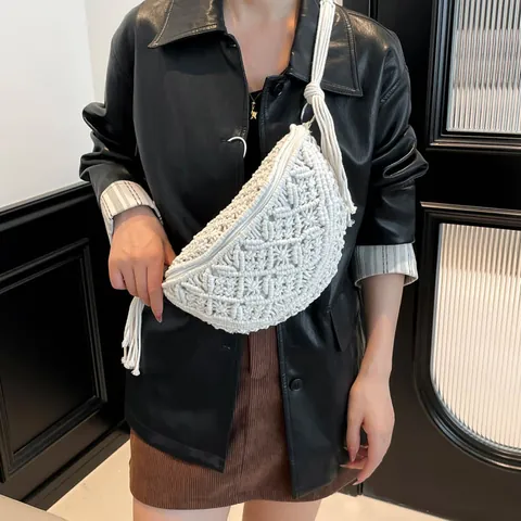 Women Fashion Handwoven Macrame Crossbody Bag Bohemian Cotton Rope Hollow Out Shoulder Bag With Tassels Casual Half Moon Bag