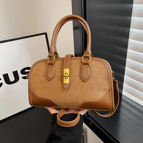 Vintage Women Suede PU Splicing Top Handle Bag Solid Color Large Capacity Commuter Shoulder Crossbody Bag With Metal Lock