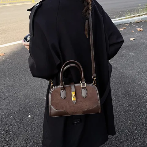 Vintage Women Suede PU Splicing Top Handle Bag Solid Color Large Capacity Commuter Shoulder Crossbody Bag With Metal Lock
