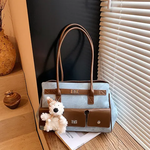 Women Retro PU Leather Color Block Tote Bag With Plush Bear Pendant Large Capacity Commuter Shoulder Bag Handbag