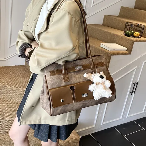 Women Retro PU Leather Color Block Tote Bag With Plush Bear Pendant Large Capacity Commuter Shoulder Bag Handbag