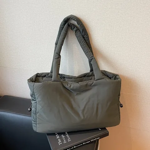 Women Quilted Puffer Tote Bag Large Capacity Lightweight Nylon Padded Shoulder Bag Casual Handbag With Side Drawstring