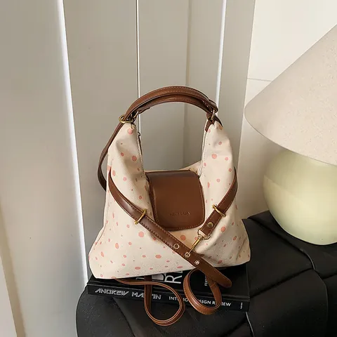 Dames Grote Capaciteit Stippen Canvas Schoudertas PU Leren Trim Okseltas Casual Multifunctionele Draagtas Reistas