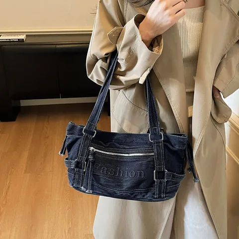 Sac Sous le Bras en Jean Rétro Pour Femme Sac à Épaule Lettre Fashion Grand Fourre-tout Décontracté Style Y2K Croissant de Lune