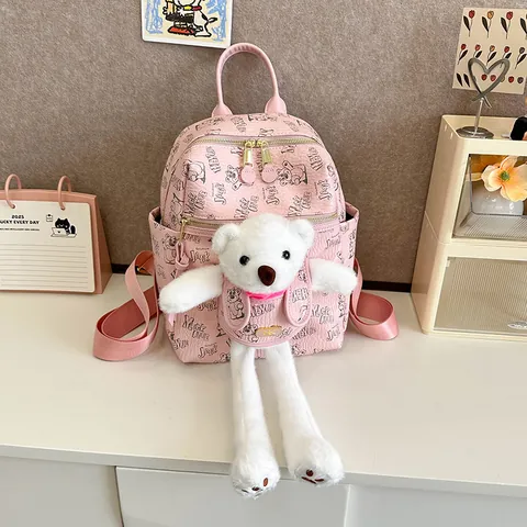 Süßer Cartoon Bär Druck Damen PU Leder Rucksack Mit Plüschtier Große Kapazität Mode Schule Reise Tagesrucksack Tasche