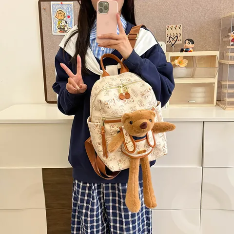 Süßer Cartoon Bär Druck Damen PU Leder Rucksack Mit Plüschtier Große Kapazität Mode Schule Reise Tagesrucksack Tasche