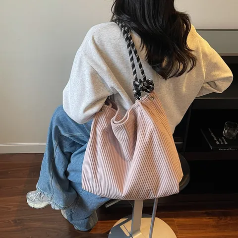 Women Corduroy Tote Bag Large Capacity Minimalist Shoulder Bag With Checkerboard Woven Rope Handle Knotted Underarm Bag