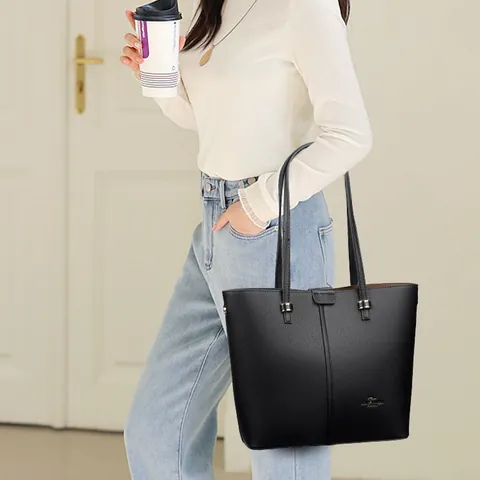 Bolso Tote Casual de Cuero PU con Grana de Lichi para Mujer Gran Capacidad Bolso de Hombro Color Sólido Simple para Diario