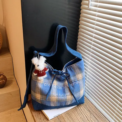 Women's Retro Plaid Woolen Canvas Tote Bag Large Capacity Splicing Shoulder Bag With Cute Plush Pendant Adjustable Strap