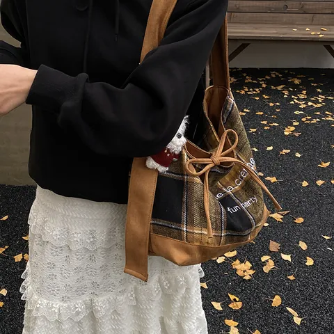 Women's Retro Plaid Woolen Canvas Tote Bag Large Capacity Splicing Shoulder Bag With Cute Plush Pendant Adjustable Strap