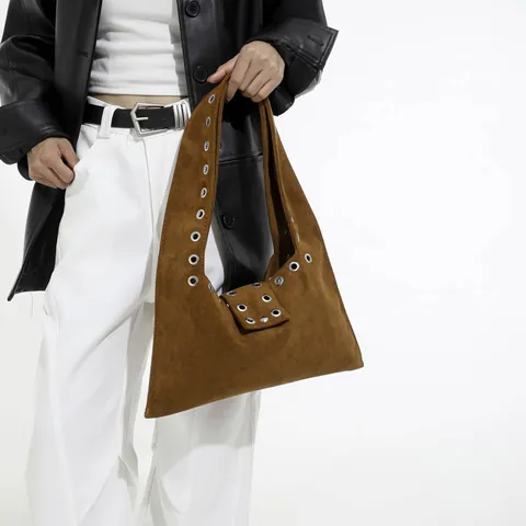 Women Retro Suede Shoulder Bag Large Underarm Bag With Metal Grommet Eyelet Rivet Decoration Fashion Solid Color Commute Hobo Bag