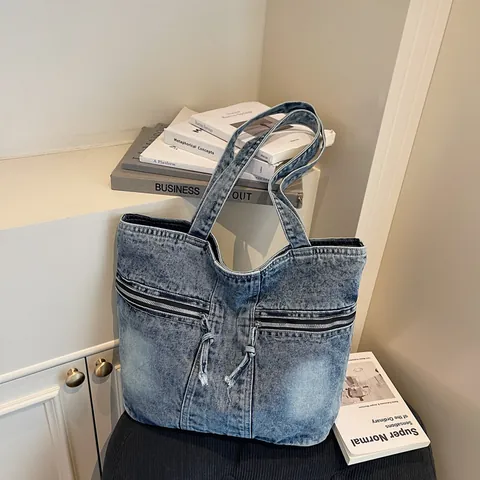 Women Casual Denim Tote Bag Large Capacity Washed Solid Color Shoulder Bag With Dual Zipper Pockets Minimalist Handbag