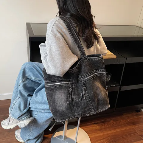 Women Casual Denim Tote Bag Large Capacity Washed Solid Color Shoulder Bag With Dual Zipper Pockets Minimalist Handbag