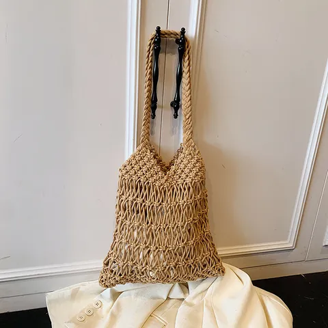 Damen Große Kapazität Handgewebte Baumwollseil Shopper Französisch Retro Einfarbig Hohle Häkel Schultertasche Mit Quasten Spitze Schleife Künstliche Perle Anhänger Für Strand Urlaub Alltag