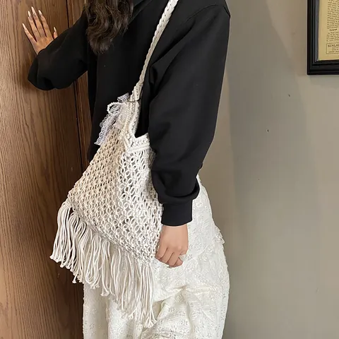 Damen Große Kapazität Handgewebte Baumwollseil Shopper Französisch Retro Einfarbig Hohle Häkel Schultertasche Mit Quasten Spitze Schleife Künstliche Perle Anhänger Für Strand Urlaub Alltag