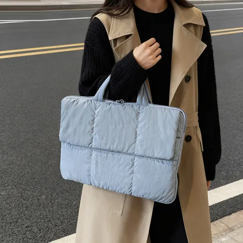 Women Quilted Puffer Laptop Bag Large Capacity Fabric Padded Shoulder Tote Bag For Office Daily Work Computer Handbag