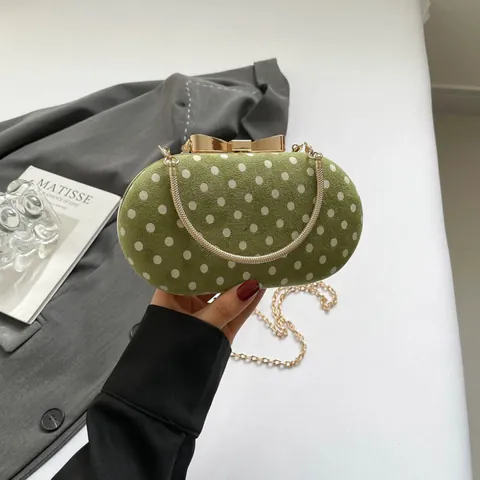 Französische Vintage Polka Dot Abendtasche Damen PU Wildleder Ovale Handtasche Gold Schleife Metallkette Umhängetasche
