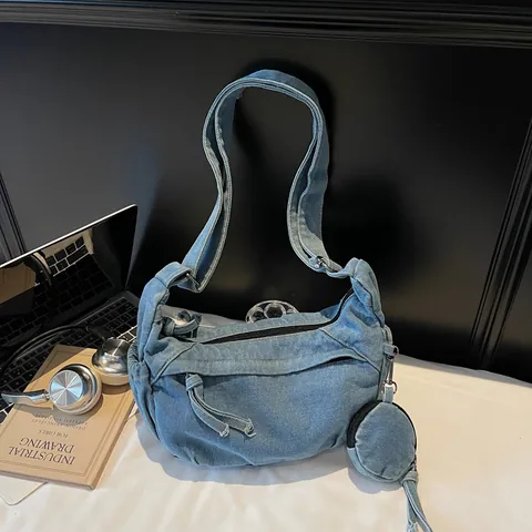 Retro Washed Denim Dumpling Crossbody Bag For Women Urban Simple Large Capacity Tote Shoulder Bag With Round Coin Purse