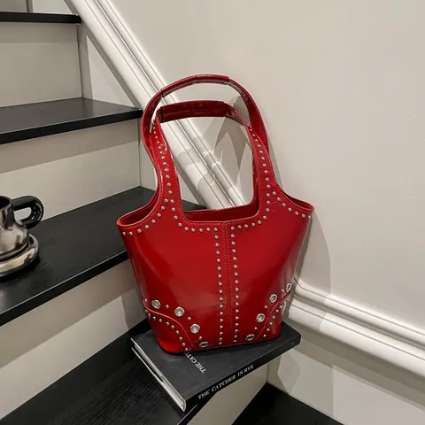 Women Glossy PU Leather Rivet Tote Bag Punk Style Silver Studded Shoulder Underarm Handbag With Metal Eyelets Retro Fashion Bag