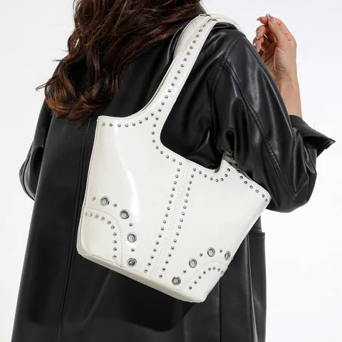 Women Glossy PU Leather Rivet Tote Bag Punk Style Silver Studded Shoulder Underarm Handbag With Metal Eyelets Retro Fashion Bag