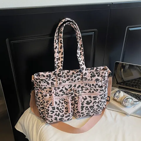 Grand Sac Fourre-tout en Velours Côtelé Imprimé Léopard pour Femmes Mode Sac à Bandoulière Multi Poches Avec Sangle Réglable