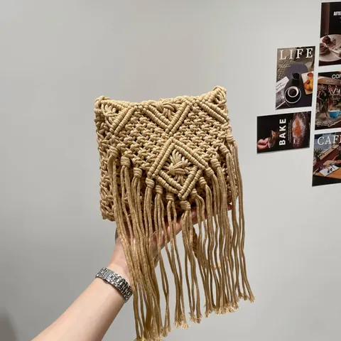 Bohemian Handgewebte Baumwollseil Umhängetasche Für Damen Geometrische Makramee Quasten Schultertasche Strand Urlaub Ethno Stil