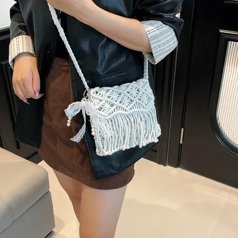 Bohemian Handgewebte Baumwollseil Umhängetasche Für Damen Geometrische Makramee Quasten Schultertasche Strand Urlaub Ethno Stil