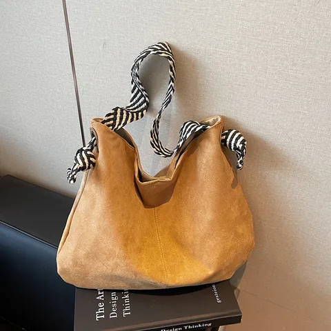 Große Damen Shopper Tasche Wildleder-Optik Mit Gestreiftem Webgurt Urban Minimalistische Schultertasche Casual Handtasche