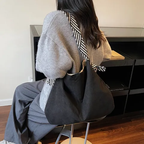 Große Damen Shopper Tasche Wildleder-Optik Mit Gestreiftem Webgurt Urban Minimalistische Schultertasche Casual Handtasche