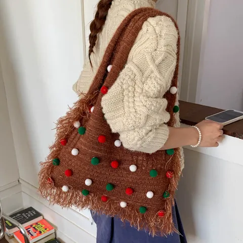 Borsa Tote in Maglia da Donna Con Pon Pon e Frange Grande Capacità Borsa a Spalla Stile Natalizio Festivo Borsa Autunno Inverno