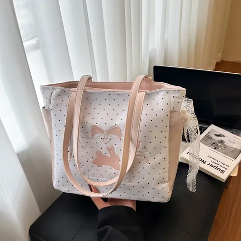 Damen Polka Dot Tote Bag Hasenstickerei Spitze Schleife Große Kapazität PU Leder Japanischer Stil Handtasche Für Den Alltag